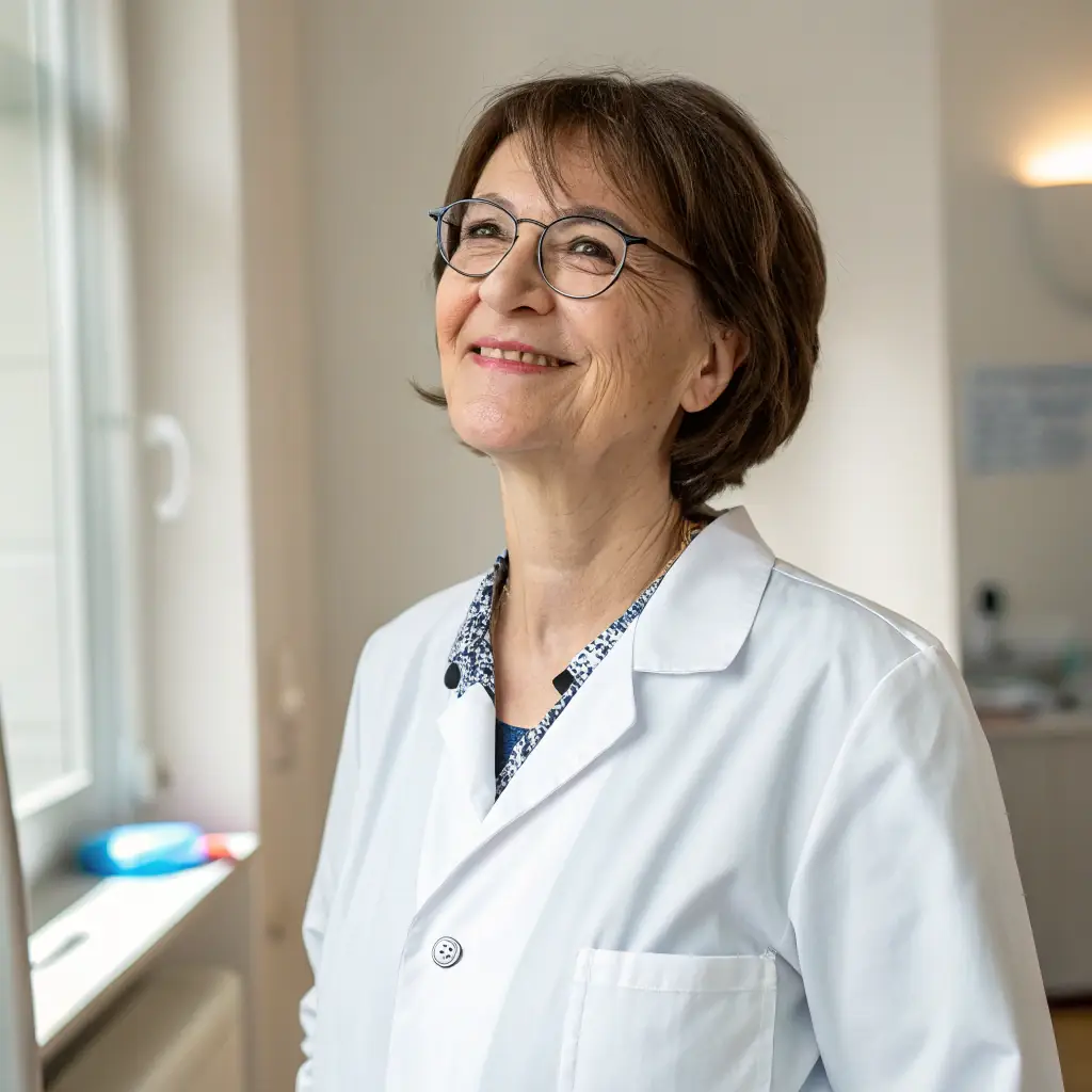 A smiling woman with short brown hair wearing a white coat.