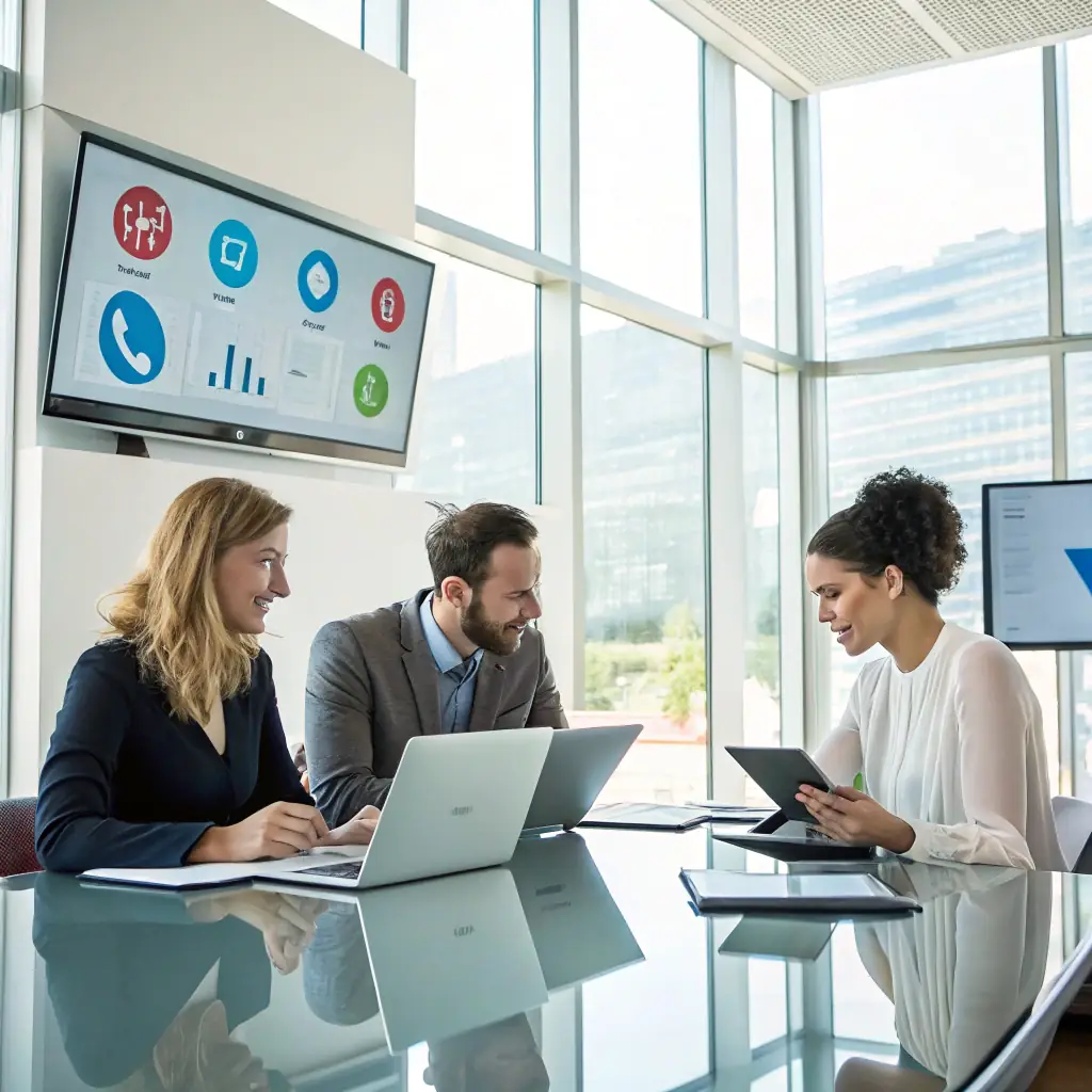 A professional team of international trade experts working in a modern office environment, showcasing collaboration and global connectivity