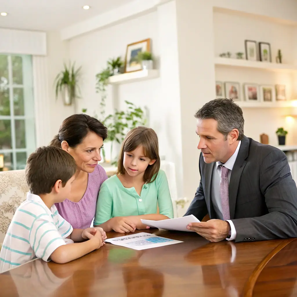 A concerned family looking stressed and overwhelmed while sitting at a table with legal documents, symbolizing the potential conflict and stress caused by not having a will.