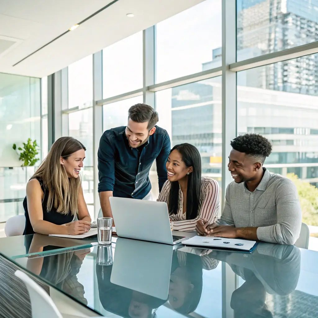 a professional team working on a sleek digital marketing campaign, with visuals of Dubai skyline and digital content, emphasizing innovation and local expertise