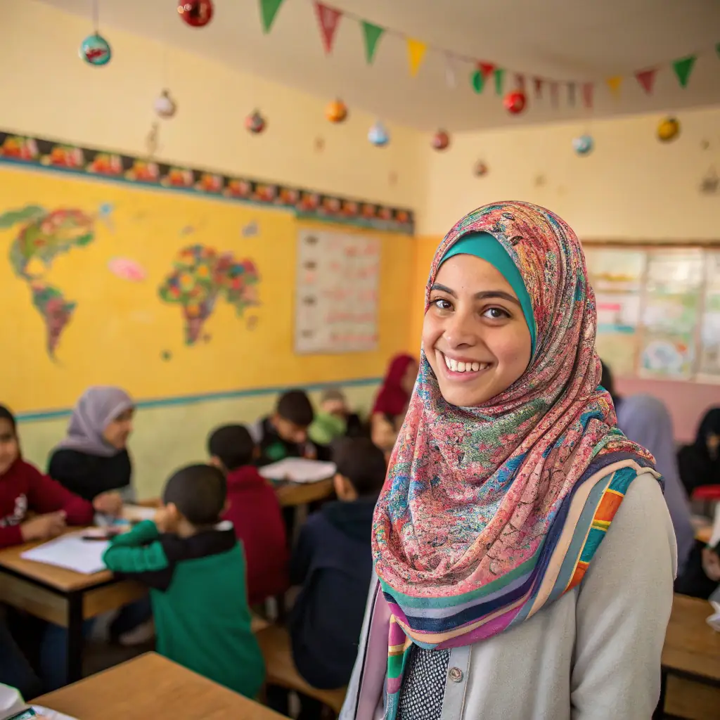 Fatima has curly hair, wears colorful hijabs, and has a warm, approachable expression.