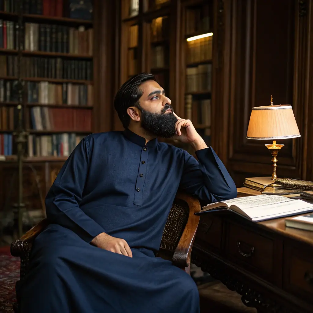 Omar has a beard, wears traditional attire, and has a calm, thoughtful expression.