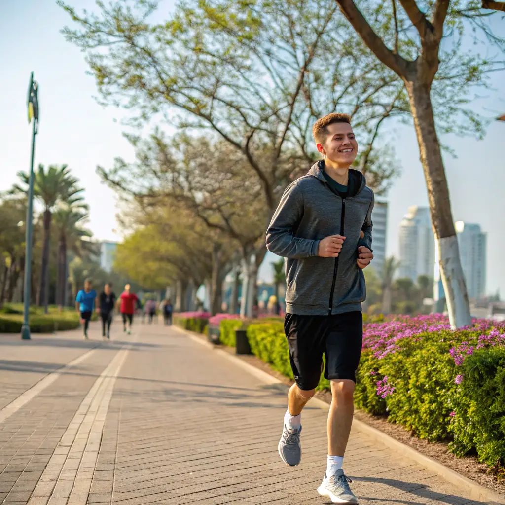 James is athletic, has short spiky hair, and is often seen in sportswear.