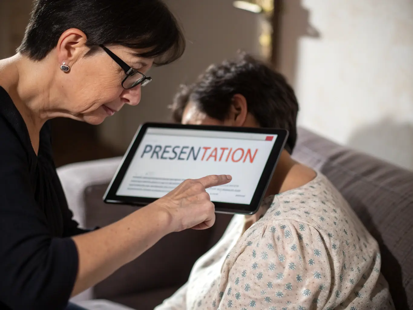 A caregiver wearing augmented reality glasses, using voice commands to document care activities for a client in a home setting. The scene emphasizes hands-free operation and seamless integration with wearable devices.