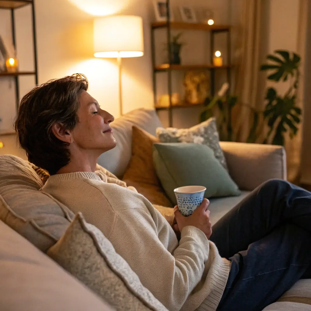 Image showcasing a senior person comfortably using a Physiatrics Healing joint pain relief device on their knee, with a serene and relaxed expression. The setting is a cozy living room, emphasizing ease of use and comfort.