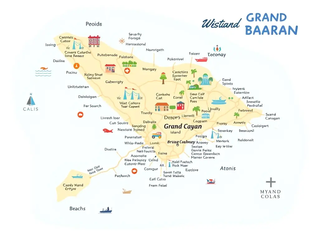 A detailed map of the Cayman Islands, highlighting key locations and points of interest.