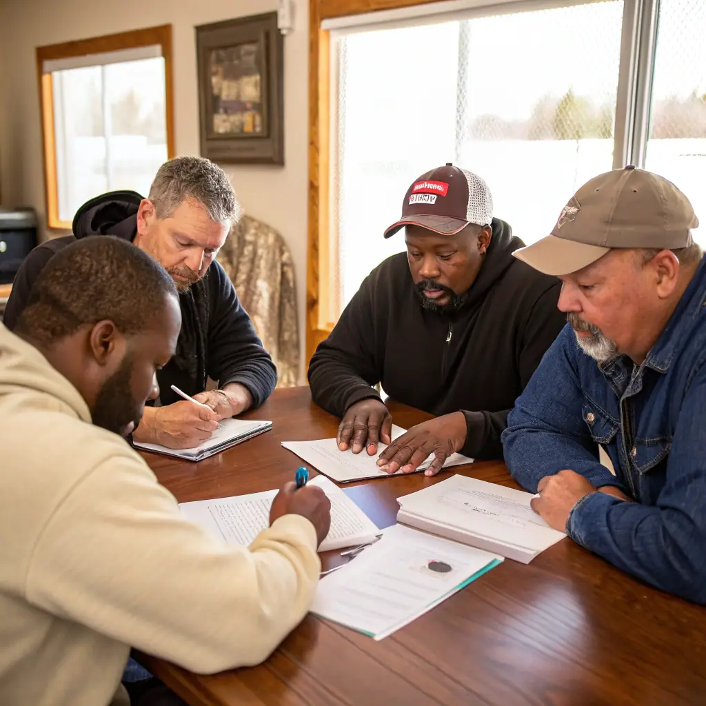 A high-resolution image showcasing a diverse group of truck drivers smiling and interacting positively in a modern, well-lit dispatch office. The scene should convey a sense of community, support, and professionalism, reflecting FleetHire's commitment to driver success and satisfaction.