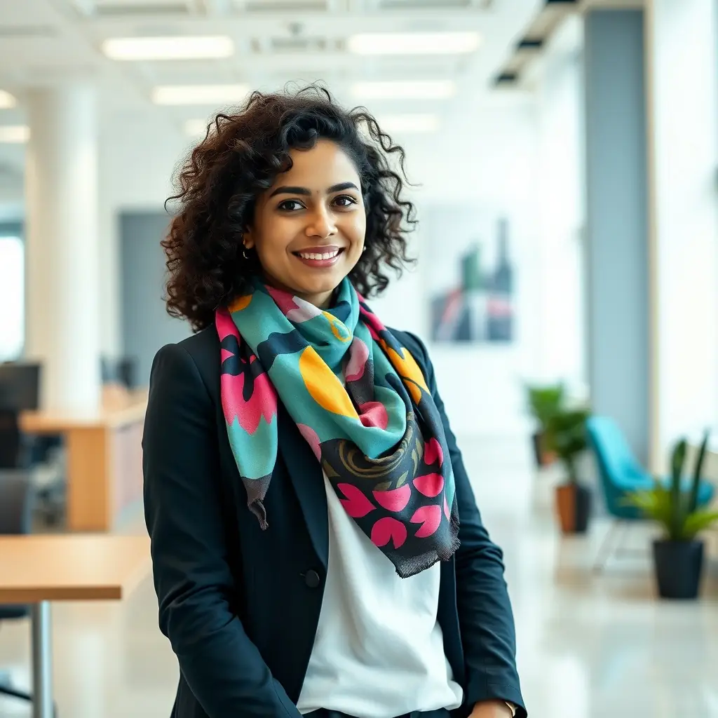 A portrait of Aisha Khan, a woman in her early 30s with a bright and energetic expression, wearing a colorful scarf and a blazer.