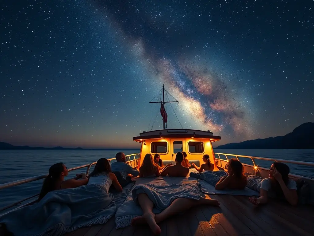 A group of people stargazing on the top deck of a houseboat at night, with a clear view of the Milky Way. The atmosphere is peaceful and awe-inspiring.