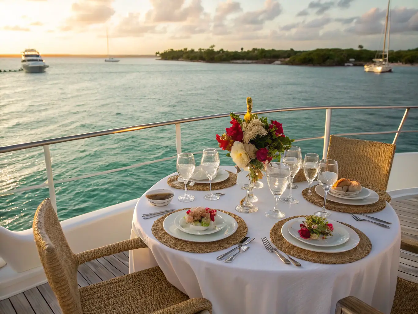A beautifully set dining table on the deck of a houseboat at sunset, with guests enjoying a meal. The scene is warm and inviting, showcasing the dining experience.