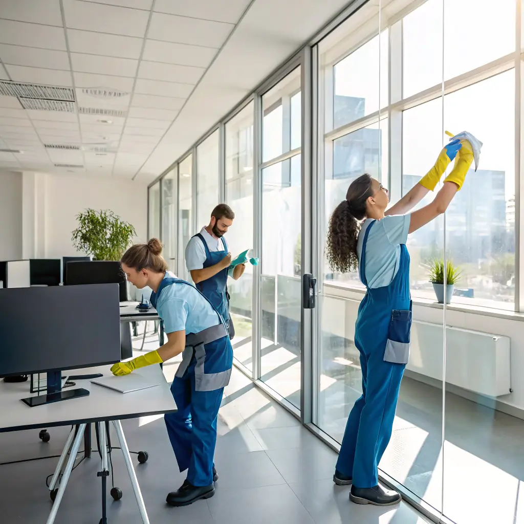 A professional cleaning team in uniform performing deep cleaning in a modern office environment, emphasizing trust and quality