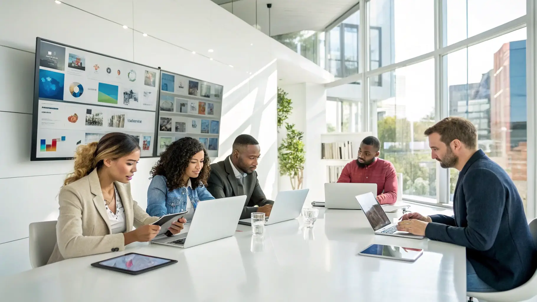 A group of diverse people working together on laptops and tablets, collaborating on financial strategies in a modern office setting. The atmosphere is bright and collaborative, symbolizing financial empowerment and education.