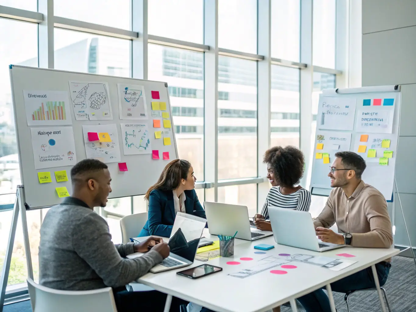 A group of Bessa Consultores employees smiling and posing for a photo in their office.