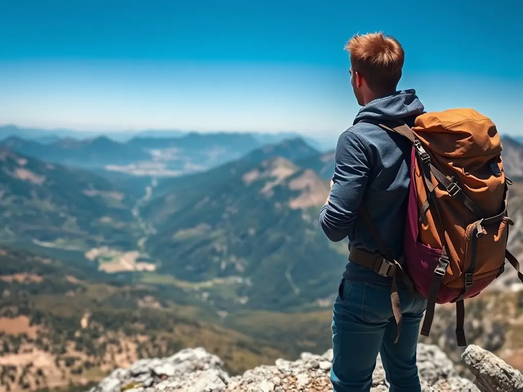 A serene traveler standing on a mountaintop, gazing at a breathtaking landscape during a solo trip.