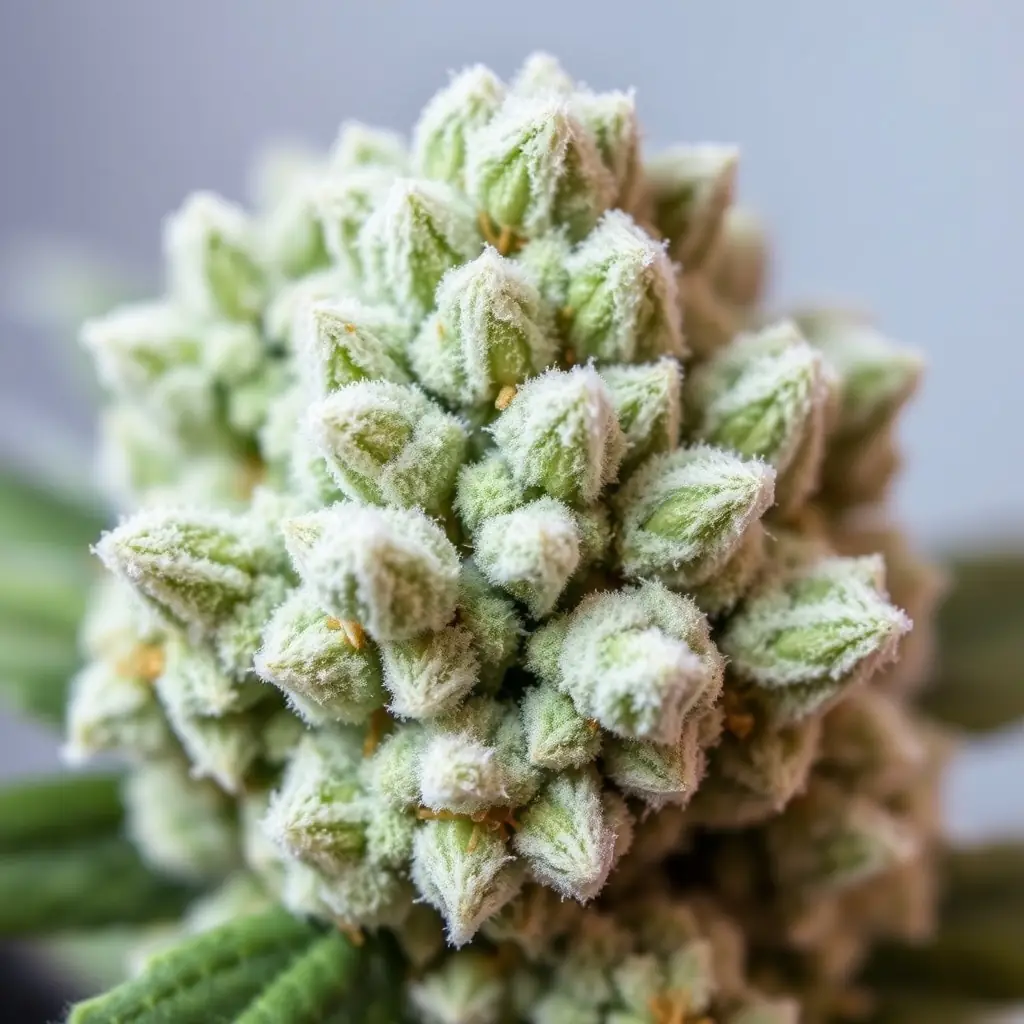 Close-up of Triple Burger cannabis flower, showcasing its dense buds, vibrant green color, and frosty trichomes.