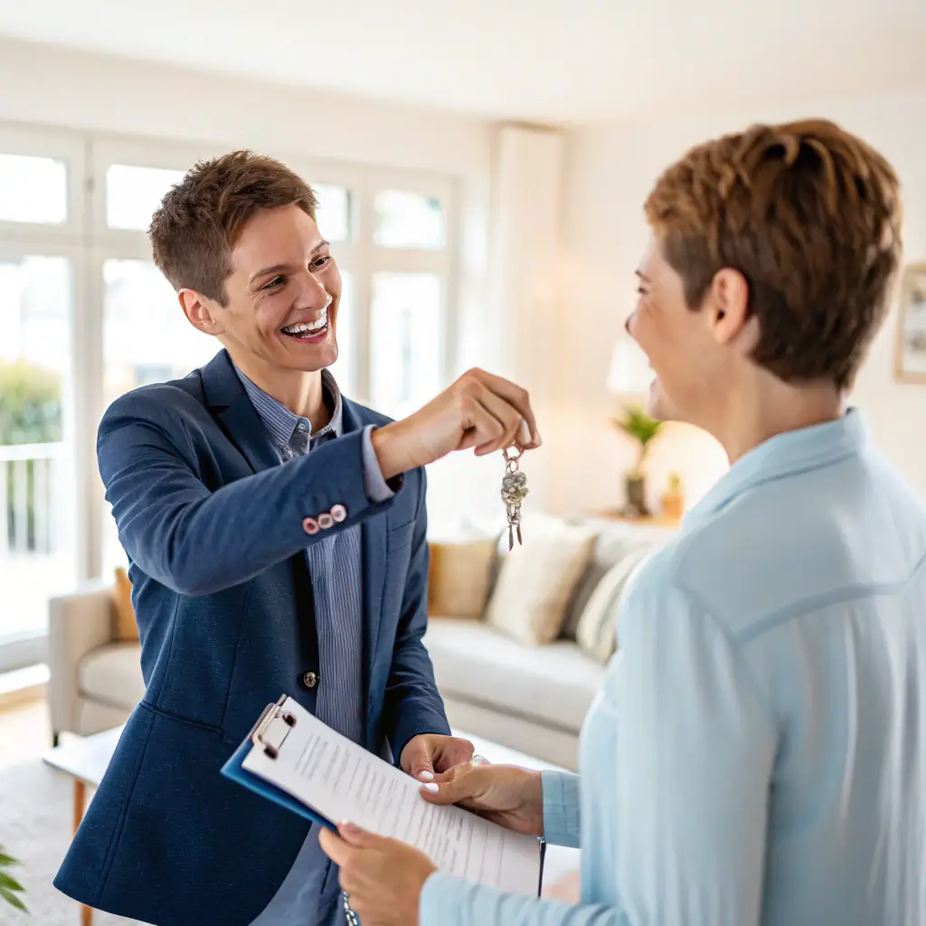 A homeowner handing over keys to a representative of Lease2Own Dream Home, symbolizing the transfer of property management and financial responsibility under the Subject-To Financing agreement. The image should convey trust and relief.