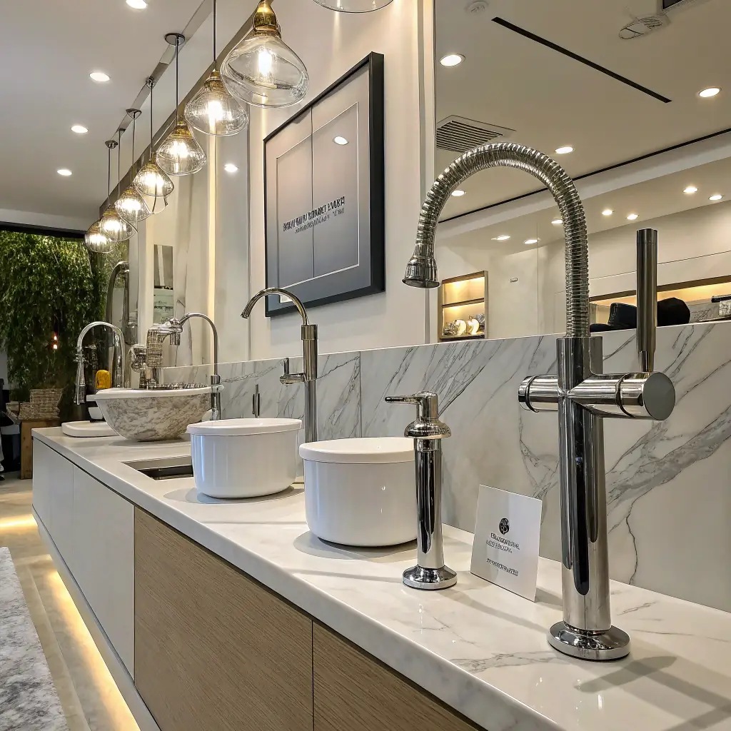 A modern bathroom with new plumbing fixtures, including a sleek faucet and updated showerhead, showcasing a recent bathroom plumbing remodel.