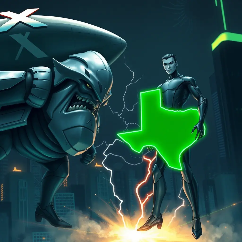A split screen showcasing a menacing, metallic Grok figure projected from the side of the 'X' blimp on the left, versus a serene but firm image of Gemini emanating from the vibrant, green map of Texas on the right. The air between the two digital titans crackles with energy.