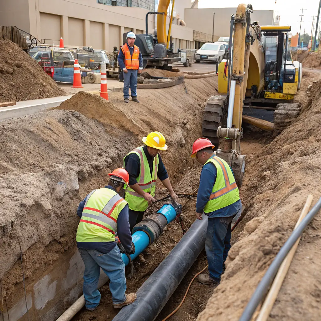 A professional photo showcasing the correct installation of a ductile iron valve (blue) in a water pipeline, with workers wearing appropriate safety gear. The setting should be a clean, modern construction site, emphasizing safety and precision.