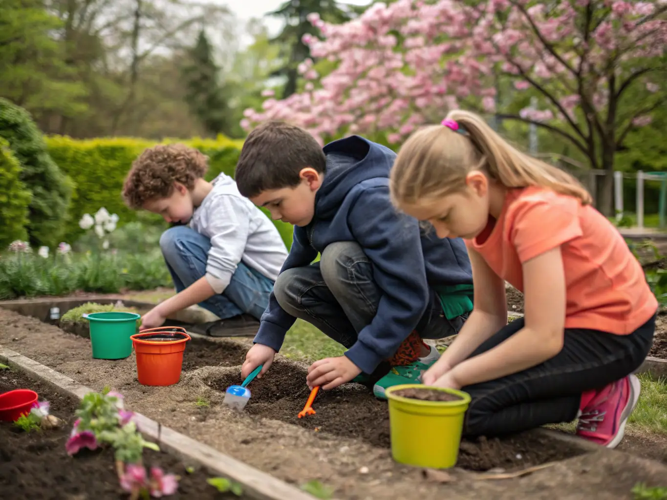 A child happily planting a Smarty Plant seedling in a garden bed, with various vegetables growing around.