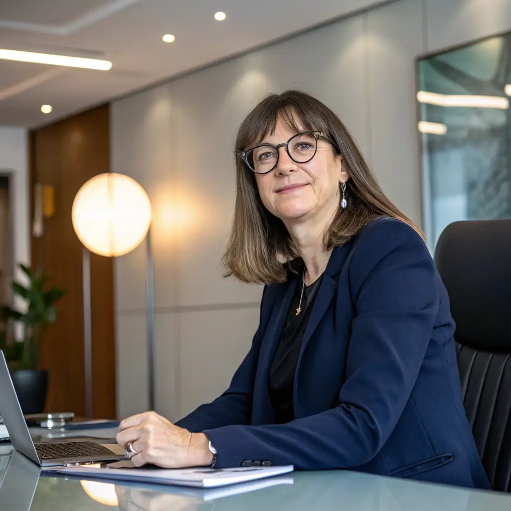 Anna hat kurze, braune Haare und trägt eine elegante Brille. Sie strahlt Kompetenz und Entschlossenheit aus.