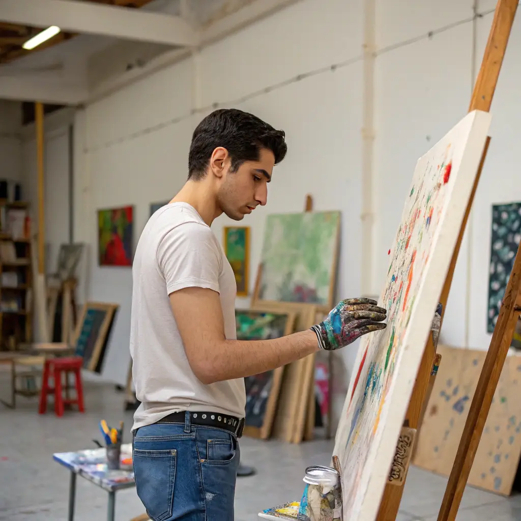 Daniel hat kurze, dunkle Haare und trägt ein lässiges T-Shirt. Er wirkt sehr künstlerisch und detailorientiert.