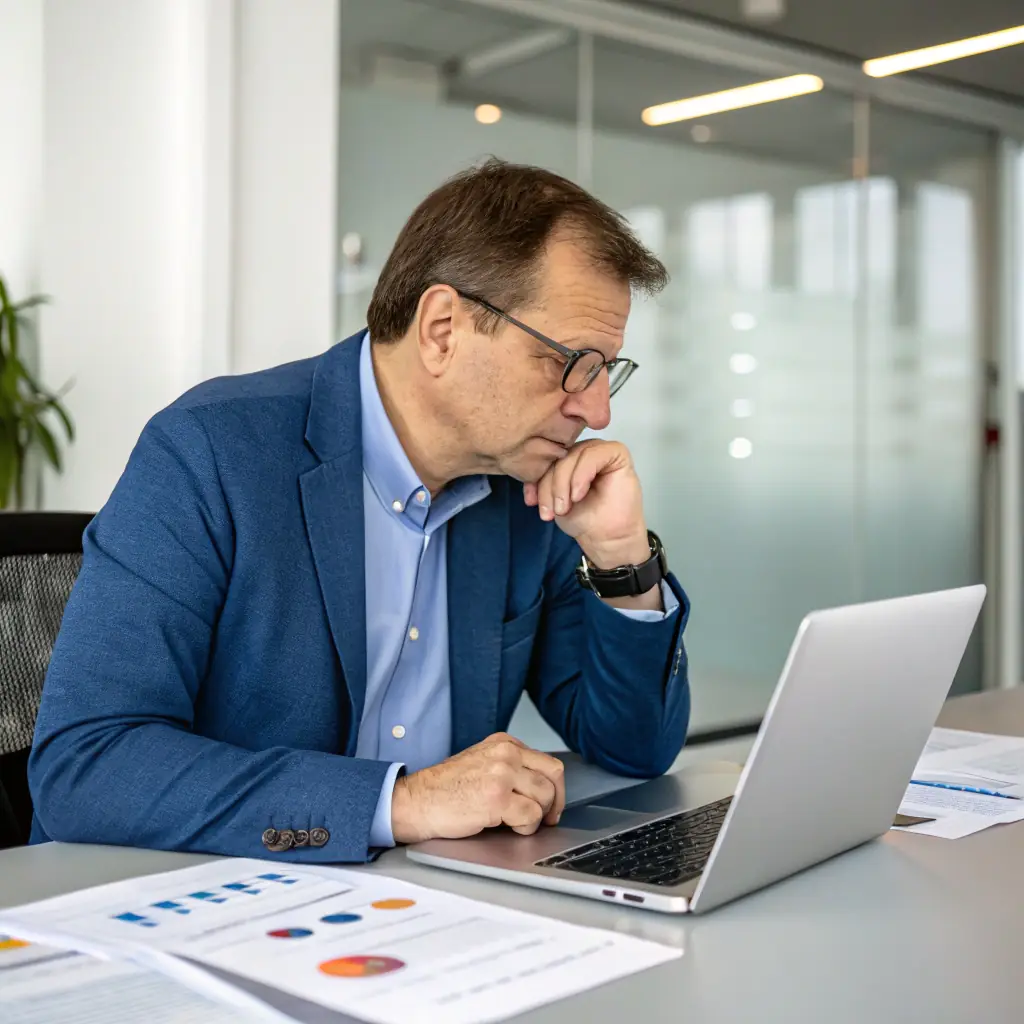 Michael hat kurze, graue Haare und trägt eine klassische Brille. Er wirkt sehr analytisch und datenorientiert.