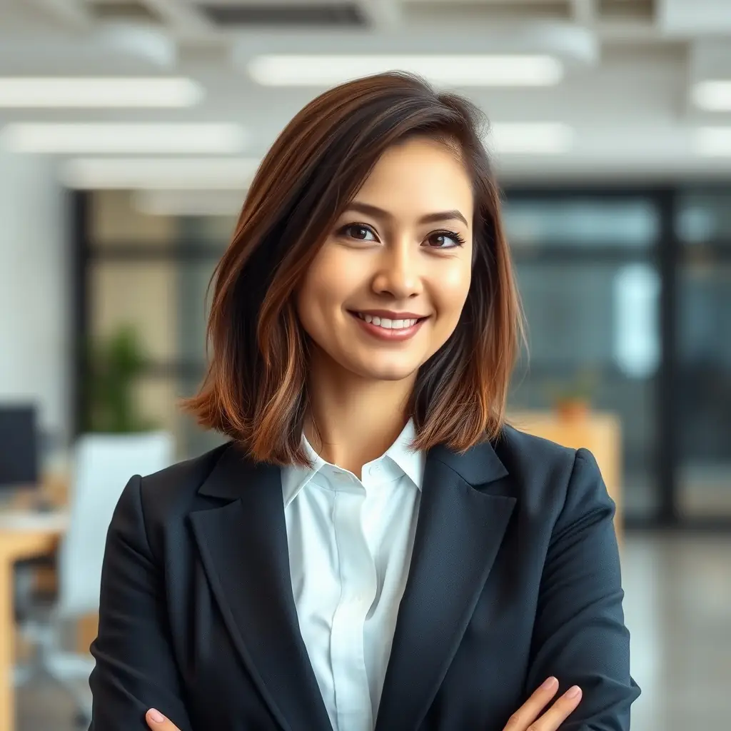 Sabine hat braune, lockige Haare und trägt ein elegantes Kostüm. Sie wirkt sehr freundlich und professionell.