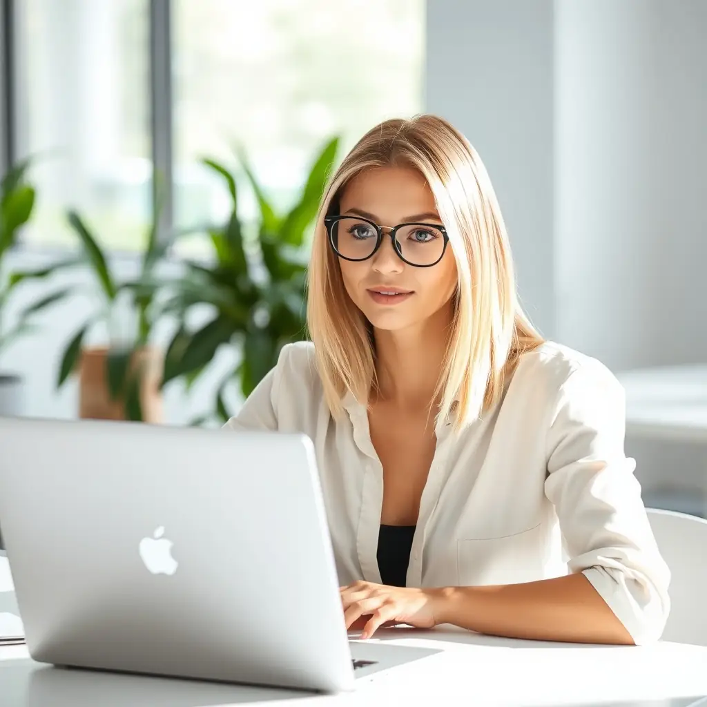 Lisa hat blonde, schulterlange Haare und trägt eine modische Brille. Sie wirkt sehr kreativ und sprachgewandt.