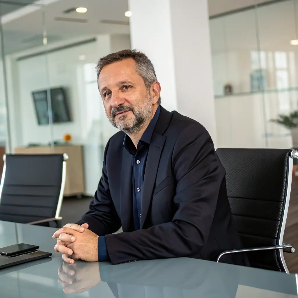 Thomas hat dunkle, zurückgekämmte Haare und trägt einen gepflegten Bart. Er wirkt sehr analytisch und präzise.