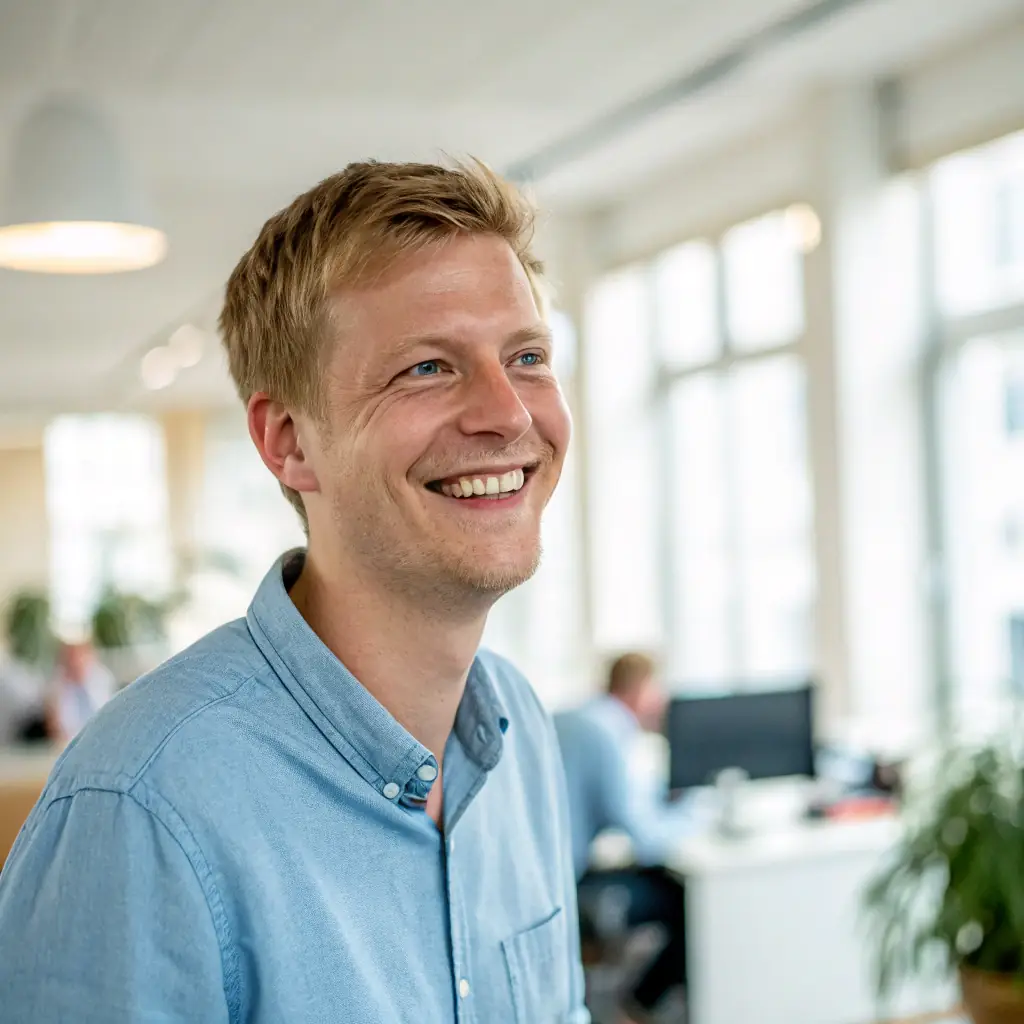 Markus hat blonde, leicht gewellte Haare und ein freundliches Lächeln. Er trägt ein modernes Hemd und wirkt sehr aufgeschlossen.