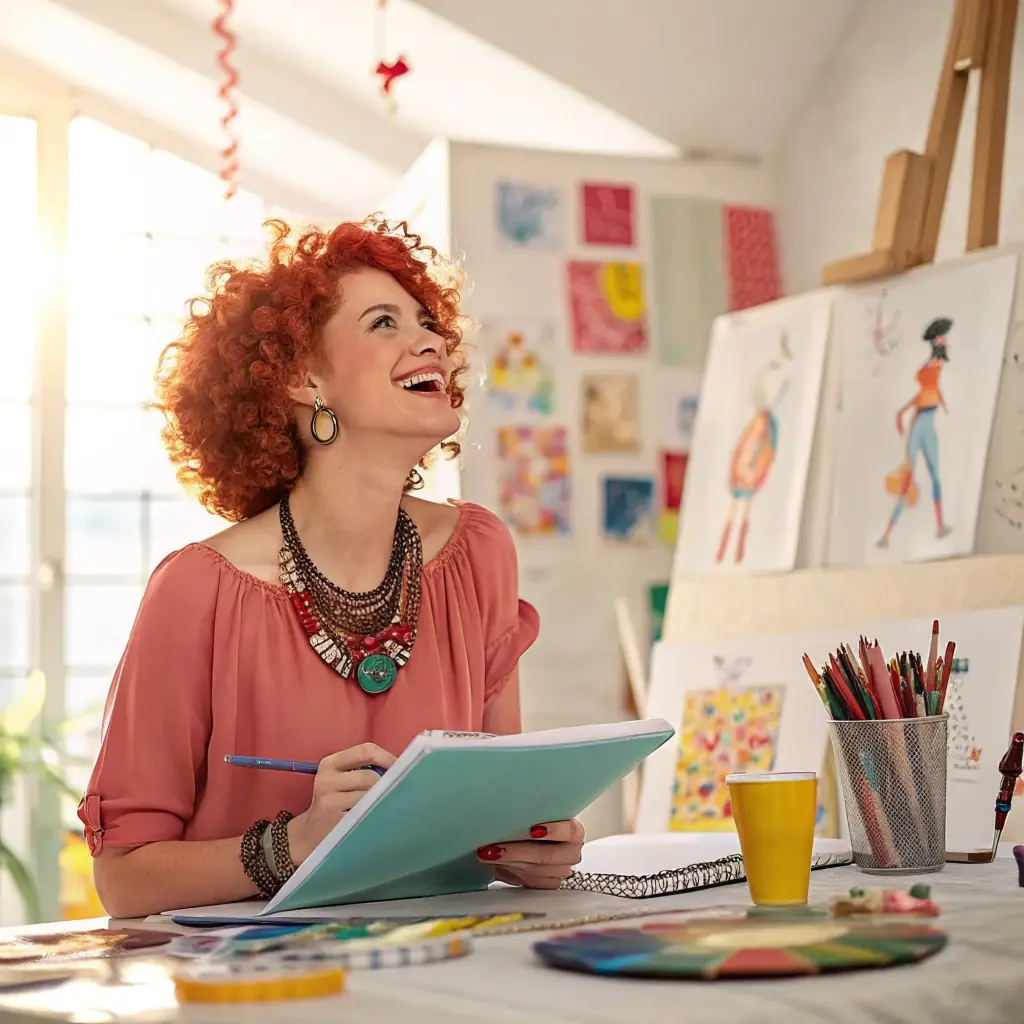 Julia hat lange, rote Haare und trägt auffälligen Schmuck. Sie wirkt sehr kreativ und kommunikativ.