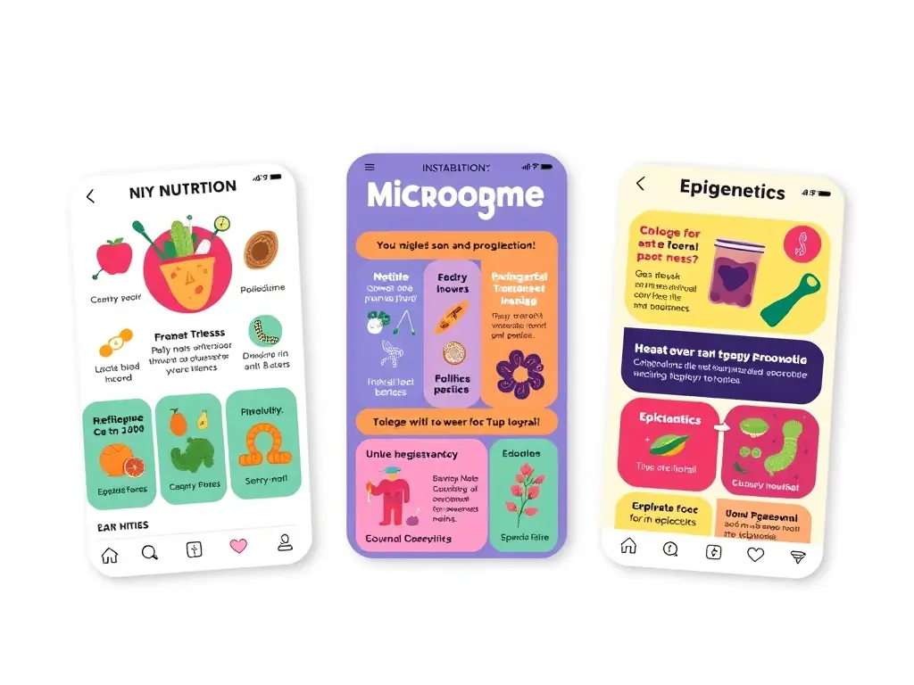 Educational Instagram cards on nutrition, microbiome, and epigenetics, featuring vibrant designs and informative content.