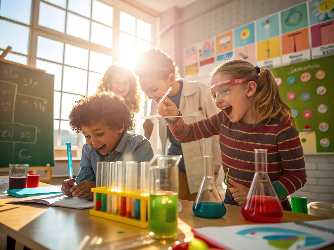 Children participating in science experiments at a science camp, combining sport, nutrition, and scientific learning in an immersive program.