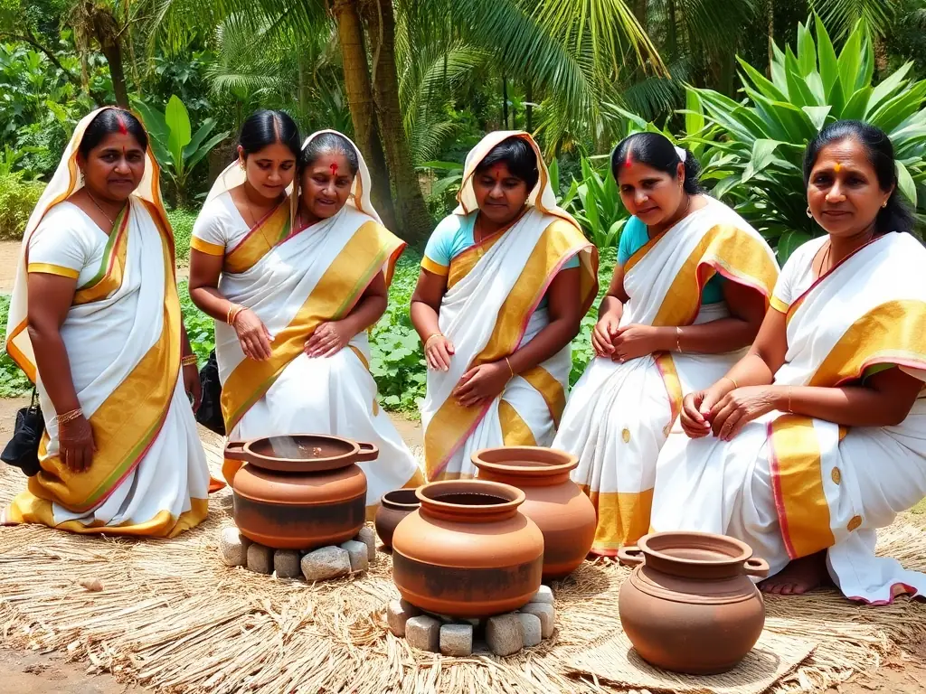 A group of local women in Kerala, India, wearing traditional Kasavu saris, cooking together outdoors using clay stoves and coir mats.