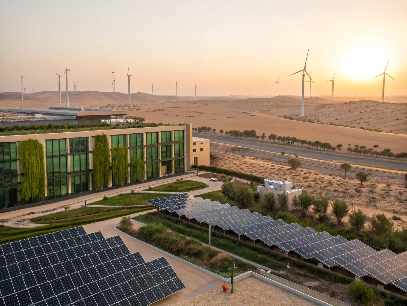 A biofuel plant in the UAE desert, with wind turbines in the background, showcasing sustainable energy production.