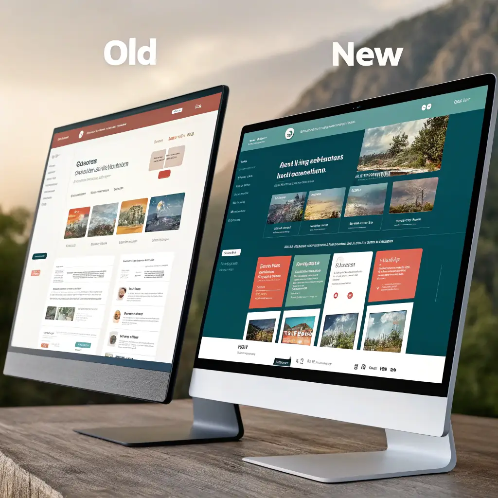 A vibrant, dynamic image showcasing a before-and-after transformation of a website, with the 'before' side being static and outdated, and the 'after' side being modern and engaging, filled with videos and images. The image should convey the power of AI in revitalizing digital content.