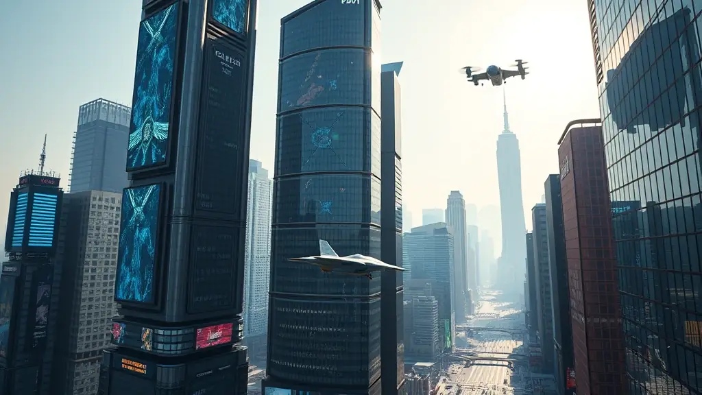 A futuristic cityscape with flying vehicles and holographic displays, representing the rapid advancement of technology and AI.