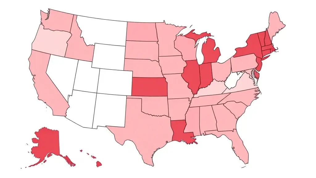 A map of the United States with several states highlighted in burgundy red, indicating the service areas of My Backyard Hibachi.