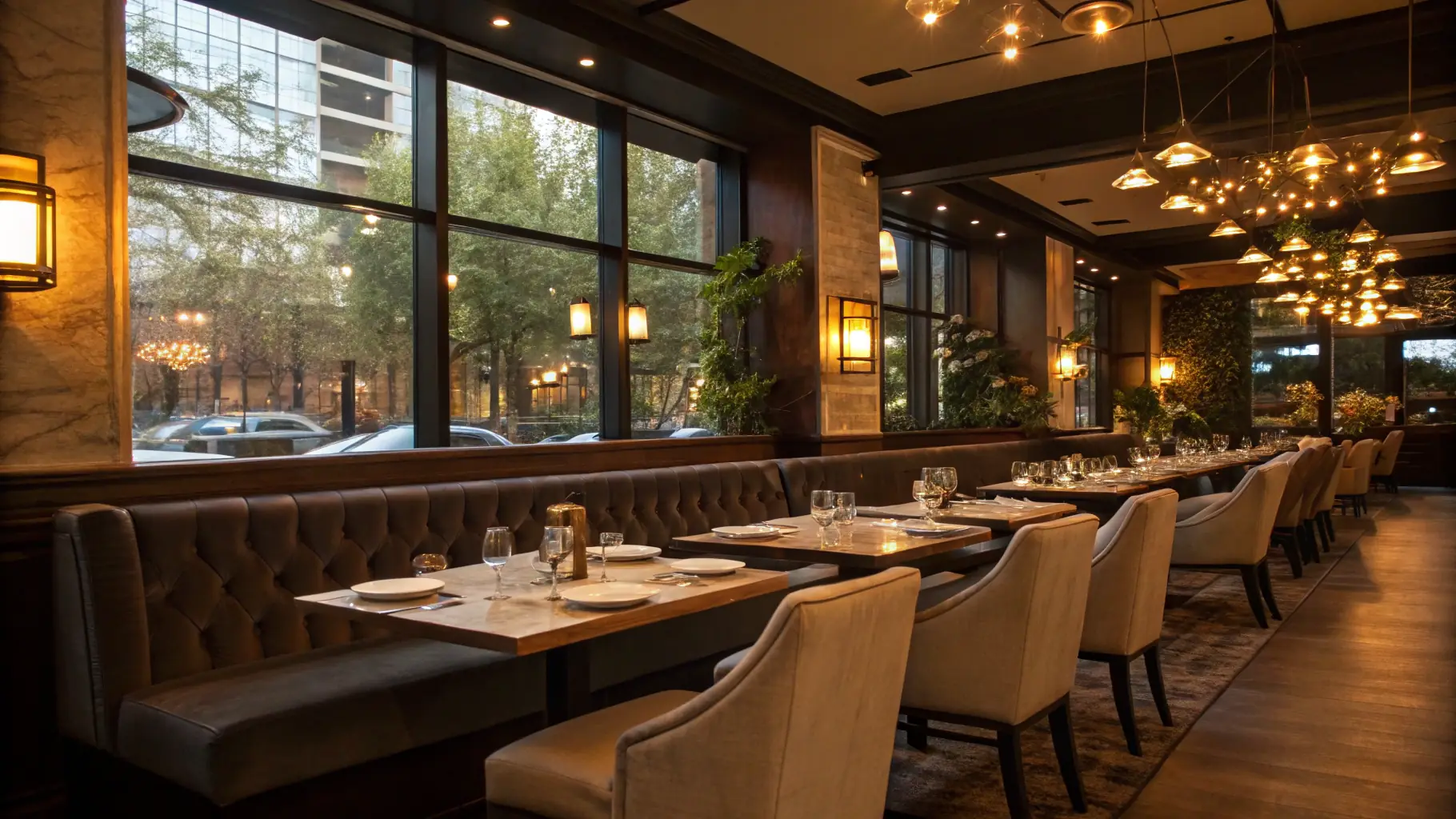 A vibrant and inviting restaurant interior with tables set for diners, showcasing a warm and welcoming atmosphere.