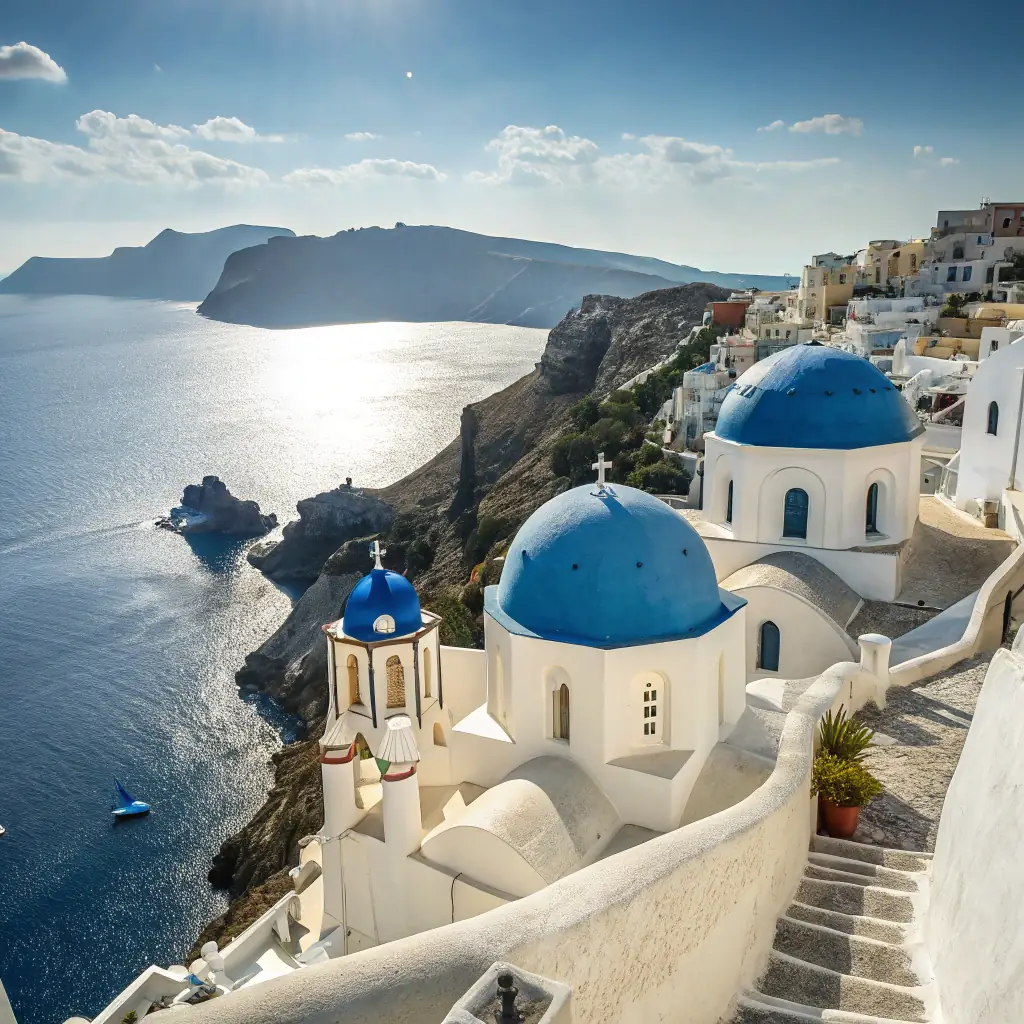 A high-quality photograph capturing the essence of Santorini, Greece, with its iconic white-washed buildings, blue domes, and stunning sea views. The image should evoke a sense of travel, elegance, and the unique charm of the Greek islands, suitable for a Greek restaurant's website.
