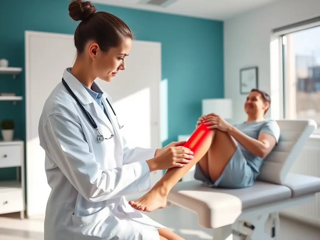 A physiotherapist using the Muscle Intelligence System on a patient's leg, showing the technology in action.