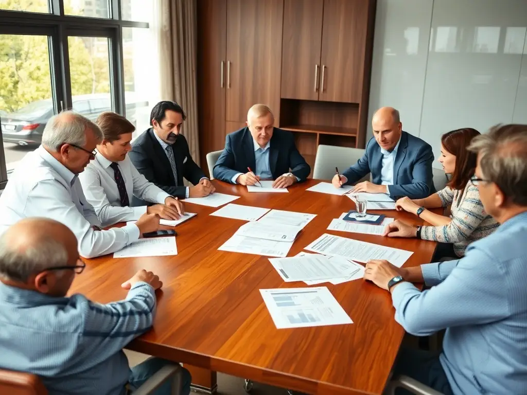 A board meeting of a housing cooperative (BRF) discussing a plumbing replacement project. The board members are reviewing documents and discussing budget options.