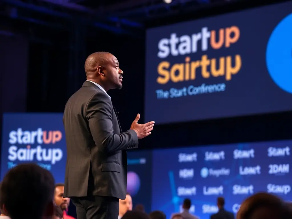 An image of Daniel Kitwa delivering a keynote speech at a startup conference in Africa, highlighting his role as a global speaker and thought leader in the African entrepreneurship ecosystem.