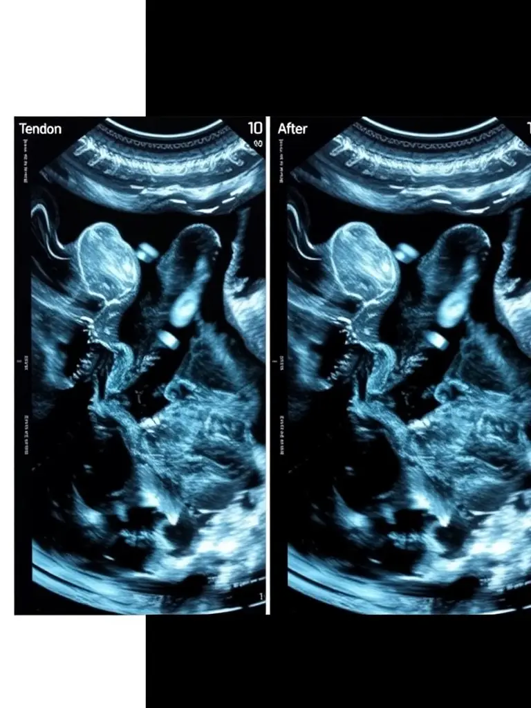 An image of before and after ultrasound scans showing the reduction of a calcification in a tendon after shockwave therapy.