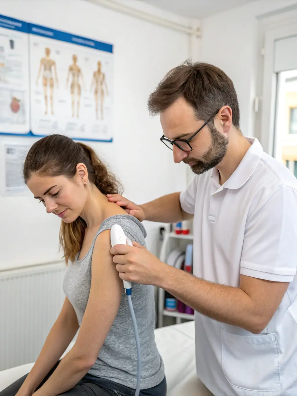 A physiotherapist applying a shockwave therapy device to a patient's shoulder, showcasing the targeted treatment approach.