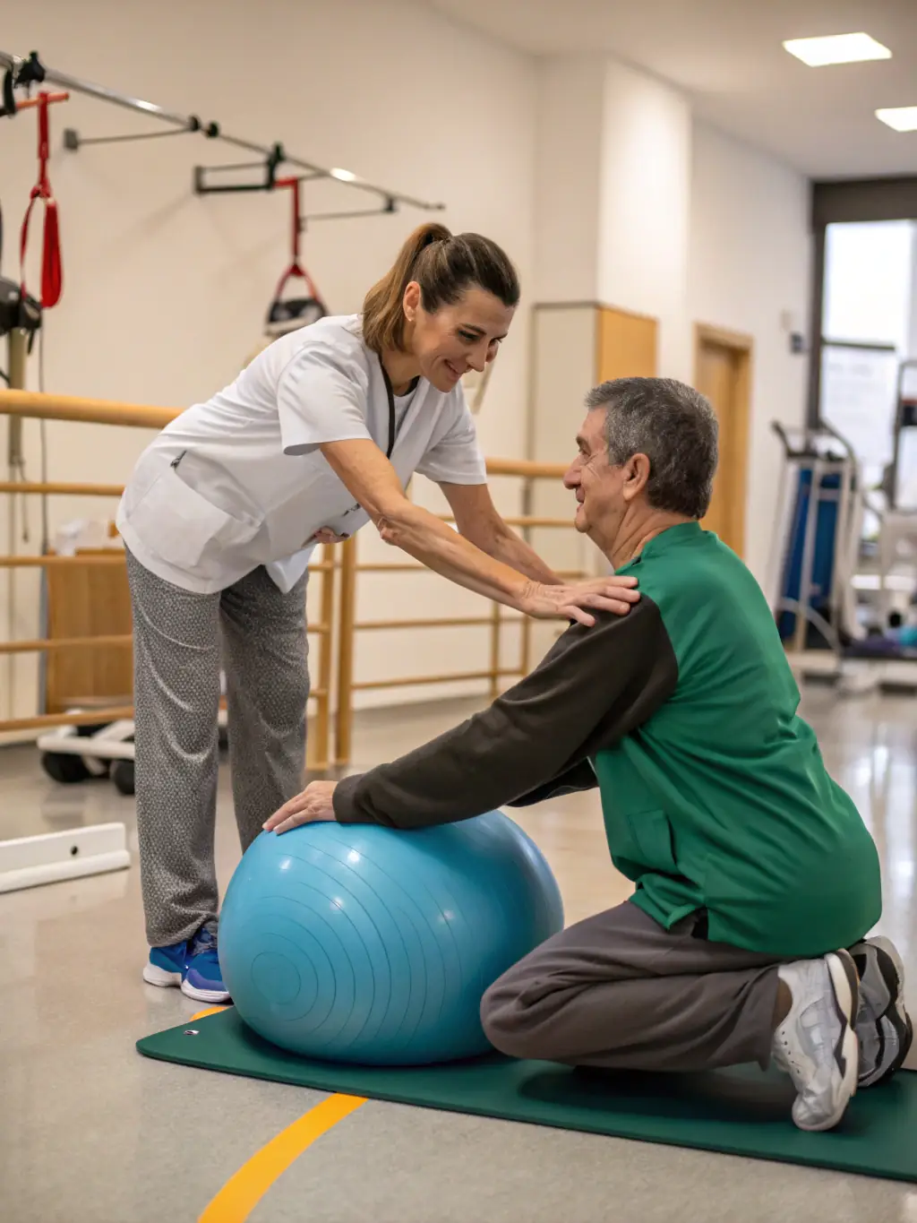 A patient smiling and actively participating in a physiotherapy session post-shockwave therapy, highlighting improved mobility and function.
