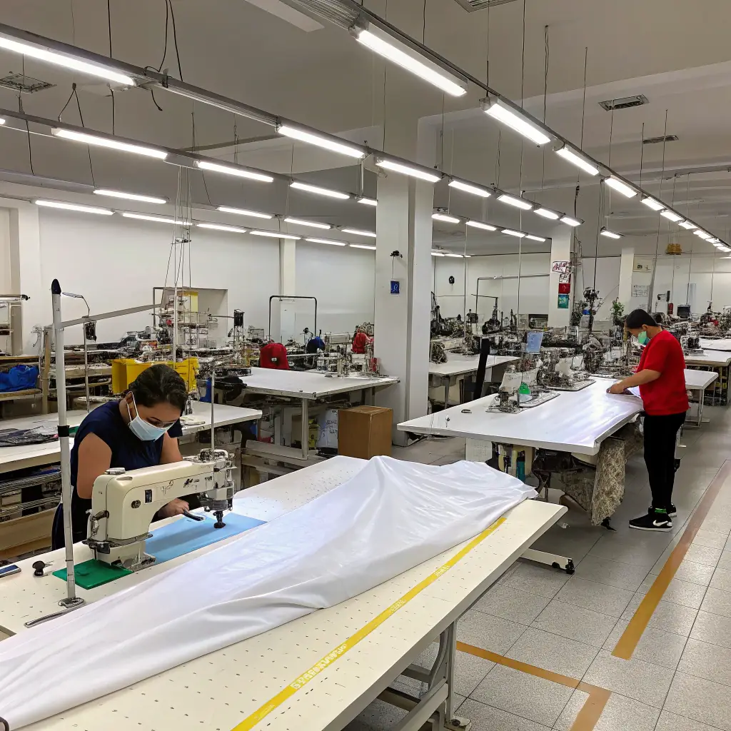 A high-resolution image showcasing a vibrant textile factory with skilled workers producing knitwear, curtains, and bed linens, emphasizing quality and craftsmanship