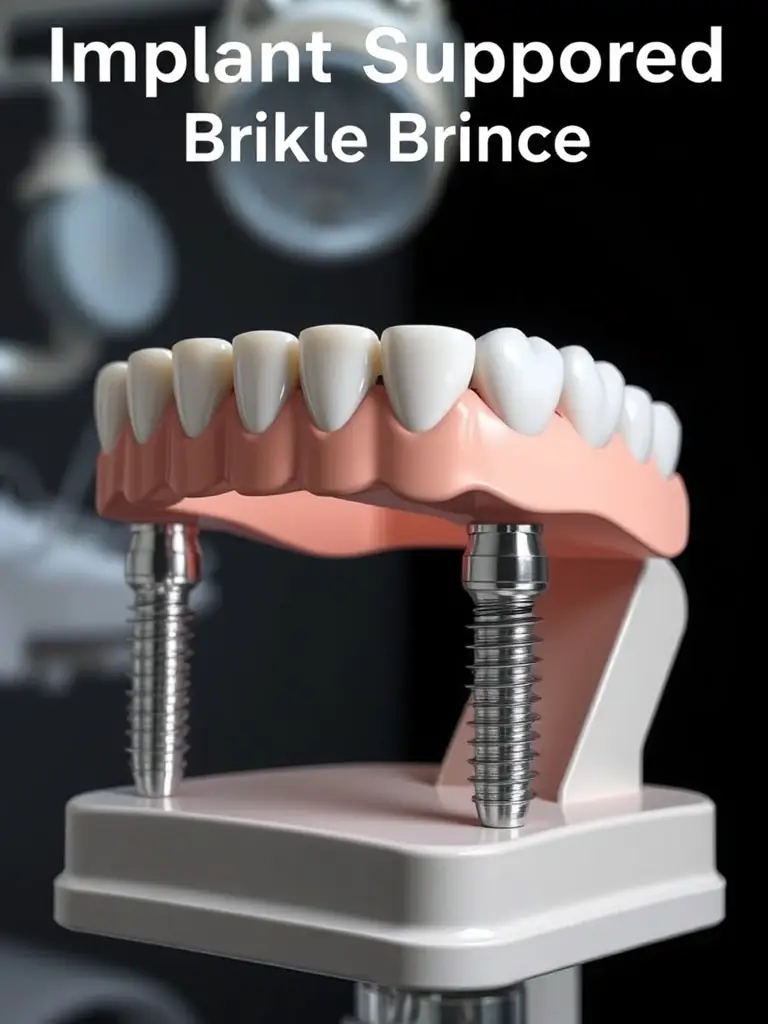 An implant-supported dental bridge anchored to dental implants, illustrating its stability, durability, and long-term solution for multiple missing teeth.