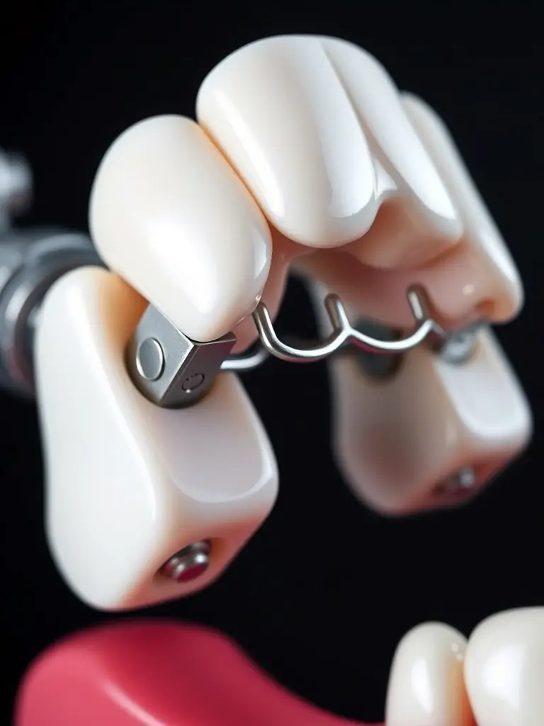 A Maryland bonded bridge attached to abutment teeth with metal or porcelain frameworks, demonstrating its minimally invasive nature and aesthetic appeal.